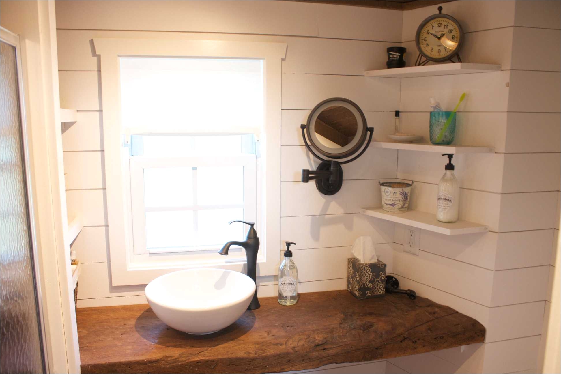 tiny house bathroom vanity reclaimed barn wood with shiplap