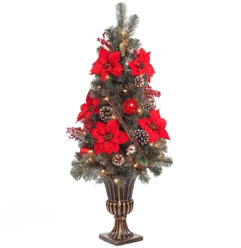 red poinsettia and twig artificial christmas porch tree with 50 twinkle lights