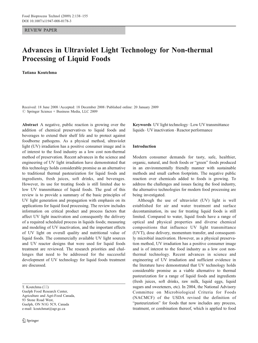 pdf advances in ultraviolet light technology for non thermal processing of liquid foods