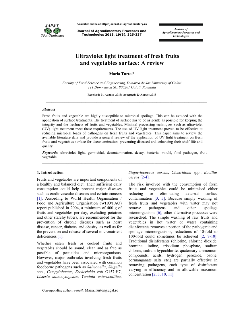 pdf ultraviolet light treatment of fresh fruits and vegetables surface a review