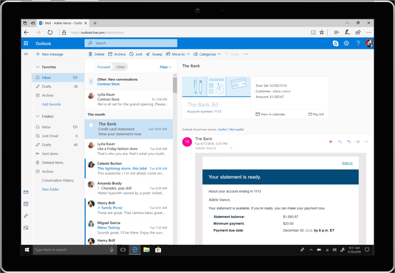 a tablet showcases bill pay reminders in outlook