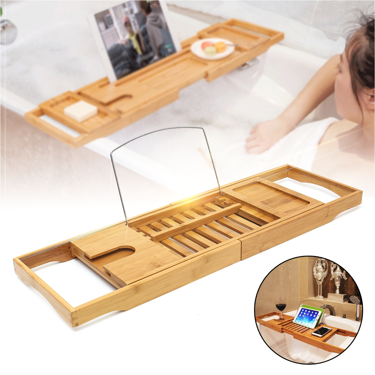luxury bathroom bamboo bath shelf bath tray bathtub holder bridge tub caddy tray rack wine holder