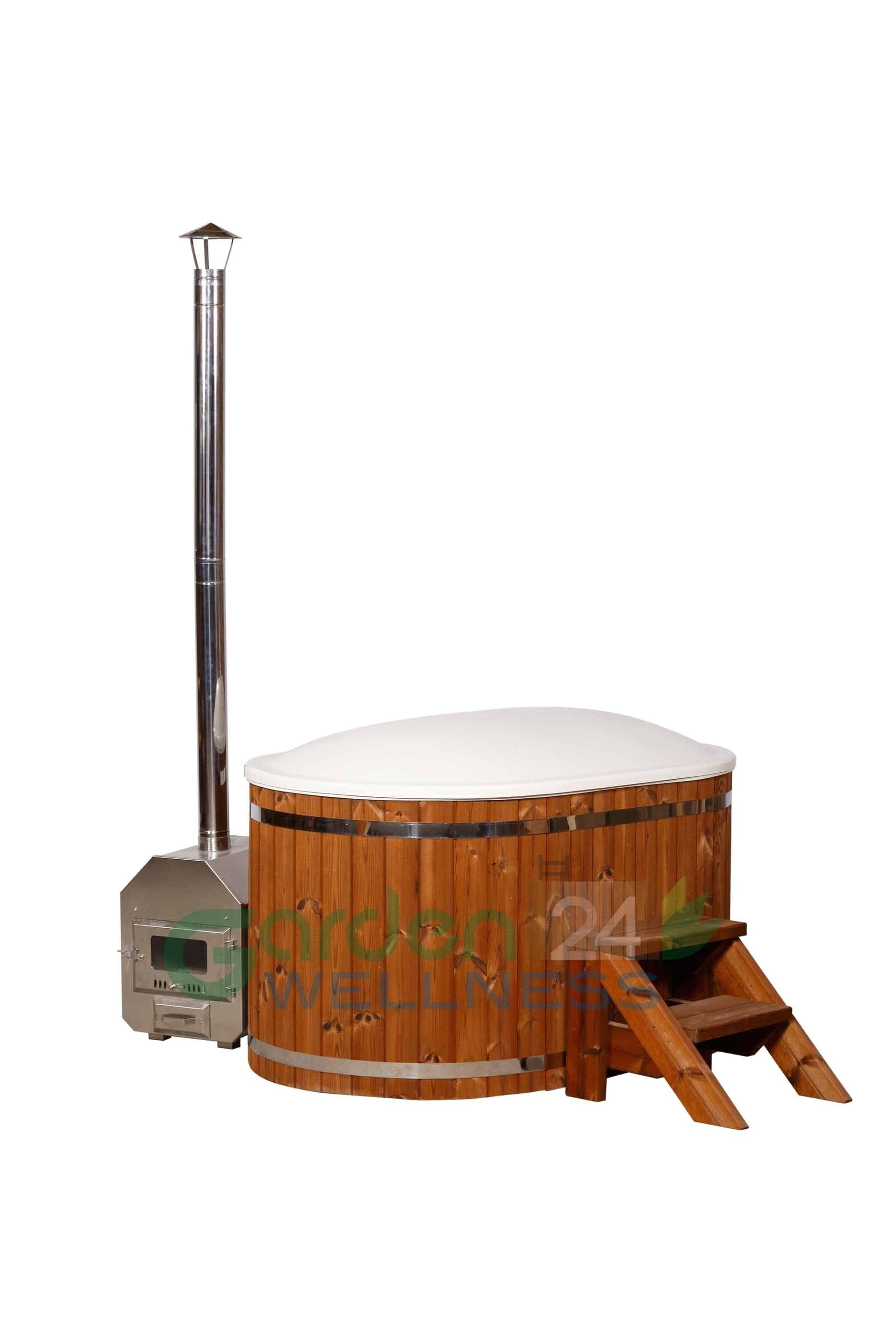 deluxe ofuro hot tub with external heater fiberglass inside and thermo wood hottub