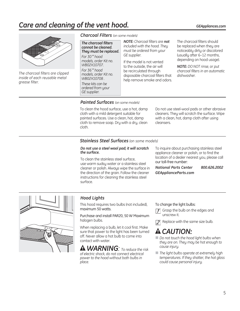 warning caution care and cleaning of the vent hood ge jv536hss user manual page 5 40