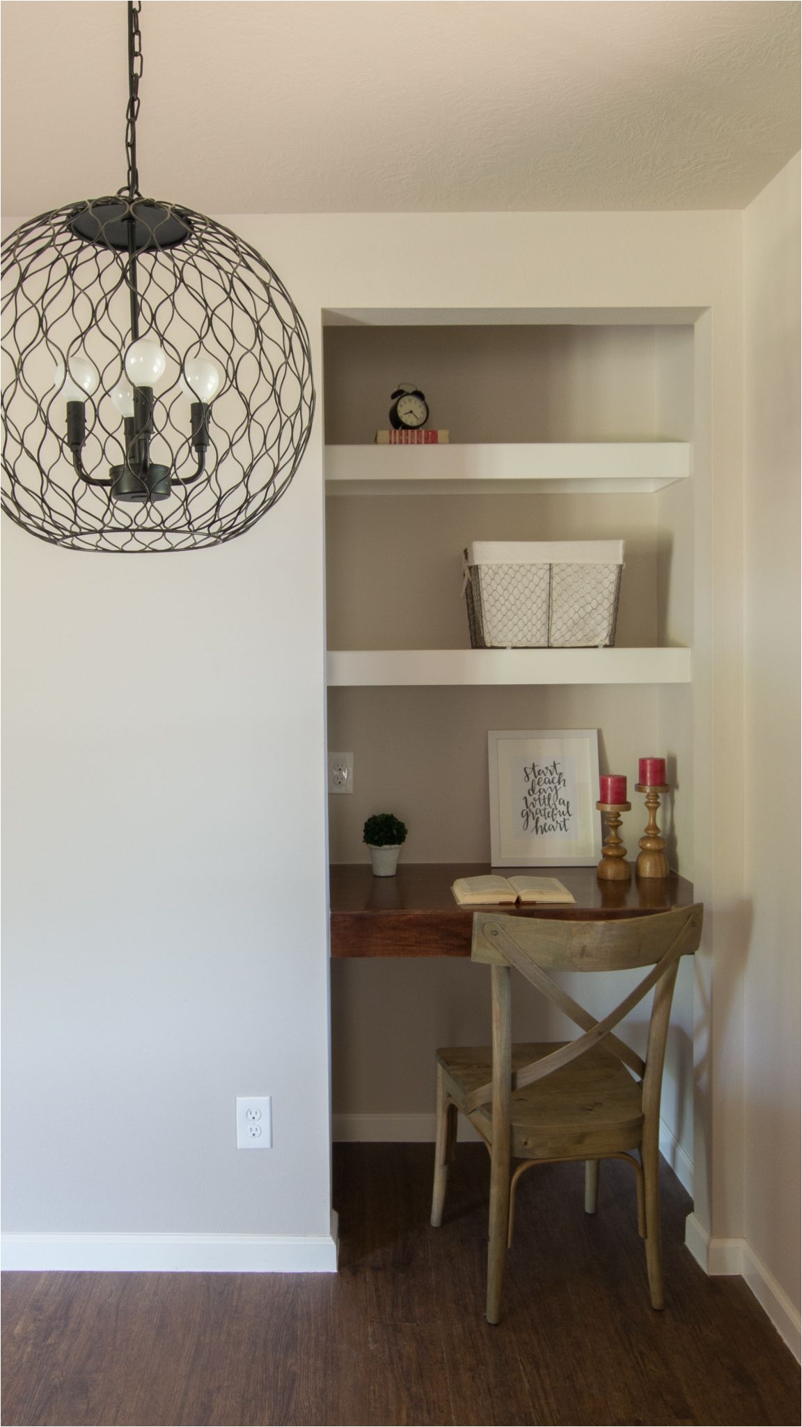 world market farmhouse chandelier built in desk in breakfast room