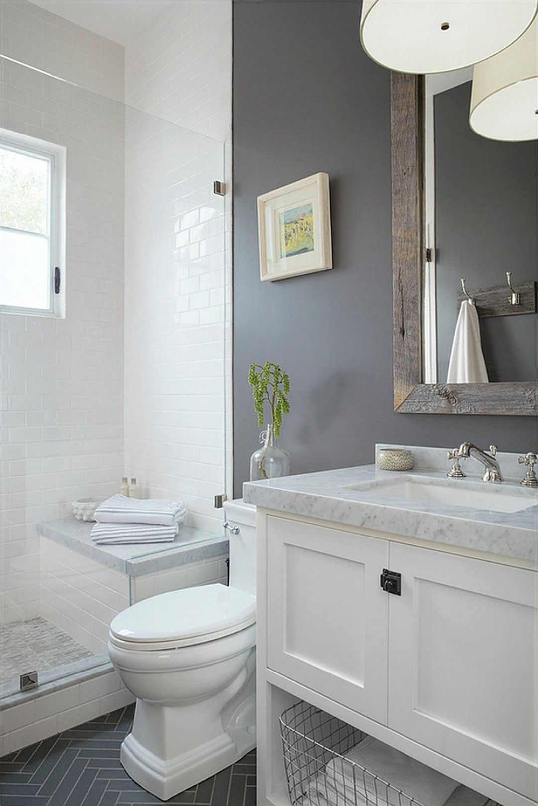 99 small but stylidh bathrooms Beautiful bathroom dark walls and dark floors offset by a bright shower and sink