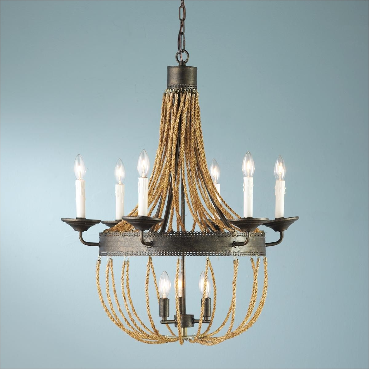Jute Rope Chandelier A bination of aged Rusty Bronze with natural Jute rope creates the perfect look from rustic lodge to coastal living