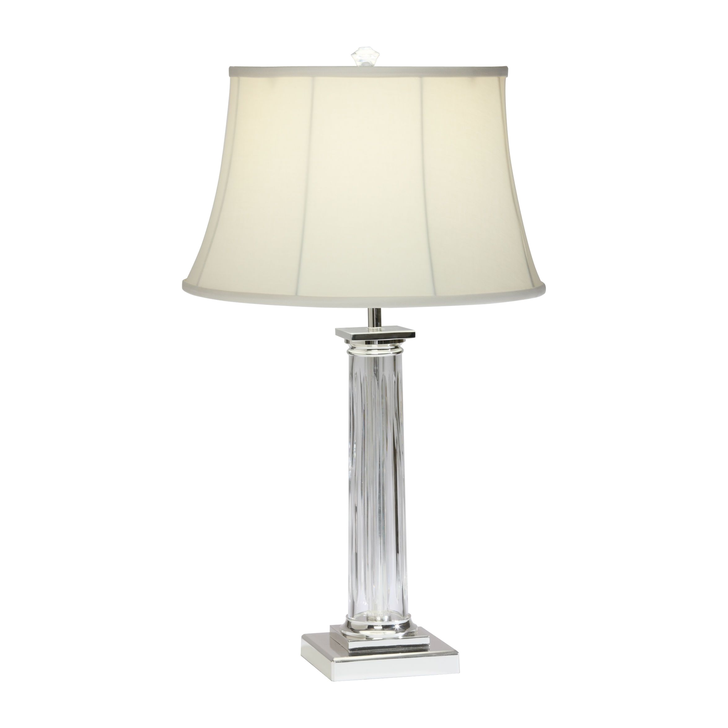 The Delancey table lamp has a fluted crystal Greek column captured by a silver plated base and top Topped with a crystal finial