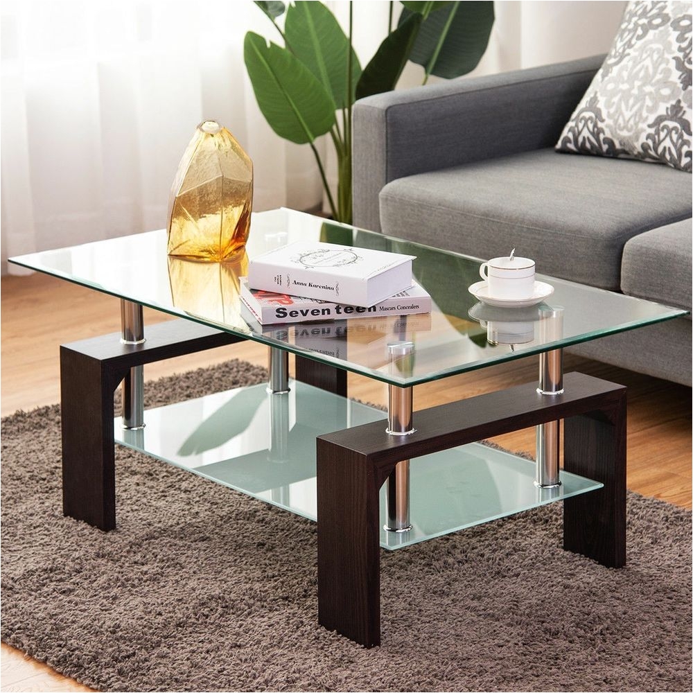Costway Black Rectangular Tempered Glass Coffee Table W Shelf Living Room Wood $138 99