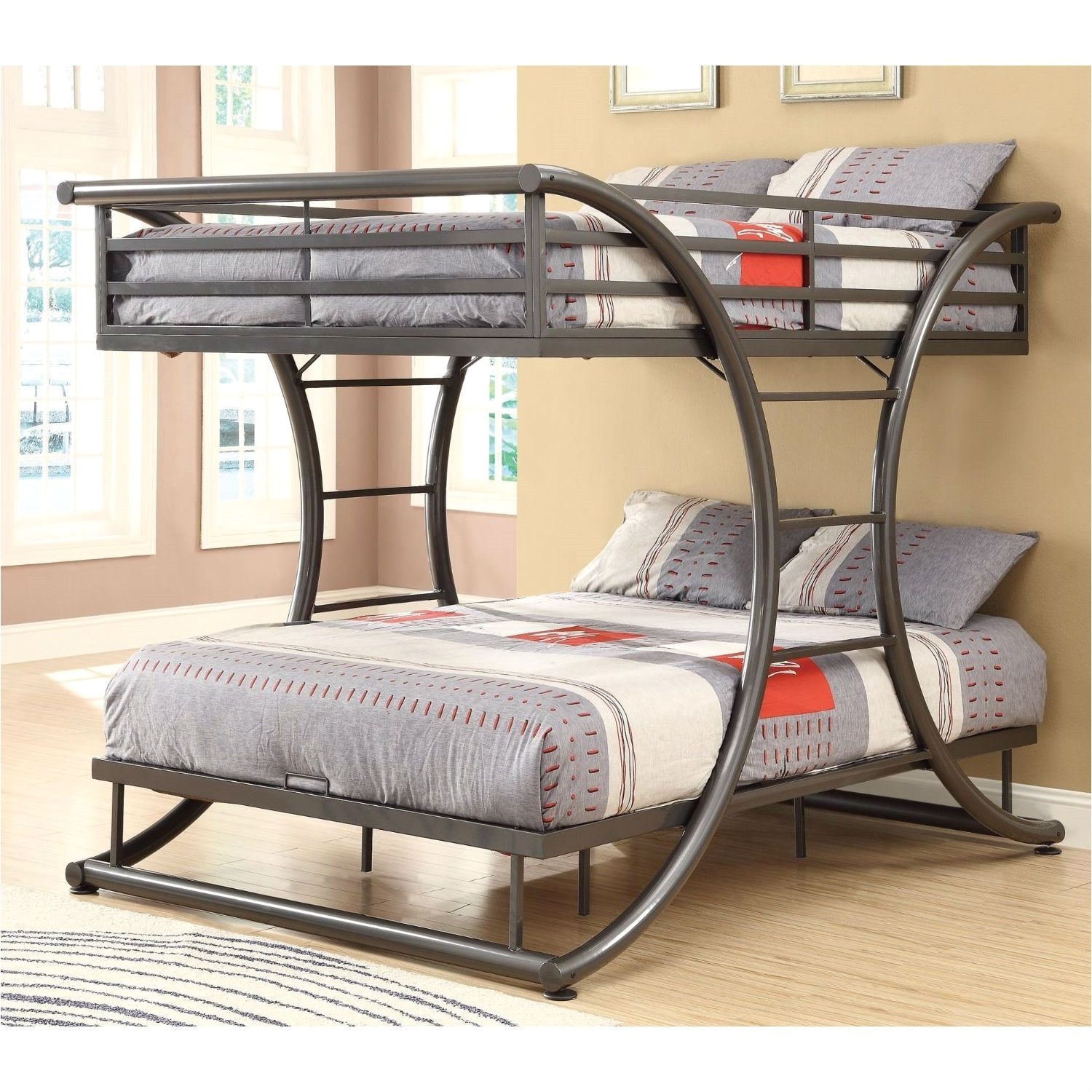 Full Over Full size Modern Metal Bunk Bed Frame in Gunmetal Finish with bunk beds for kids