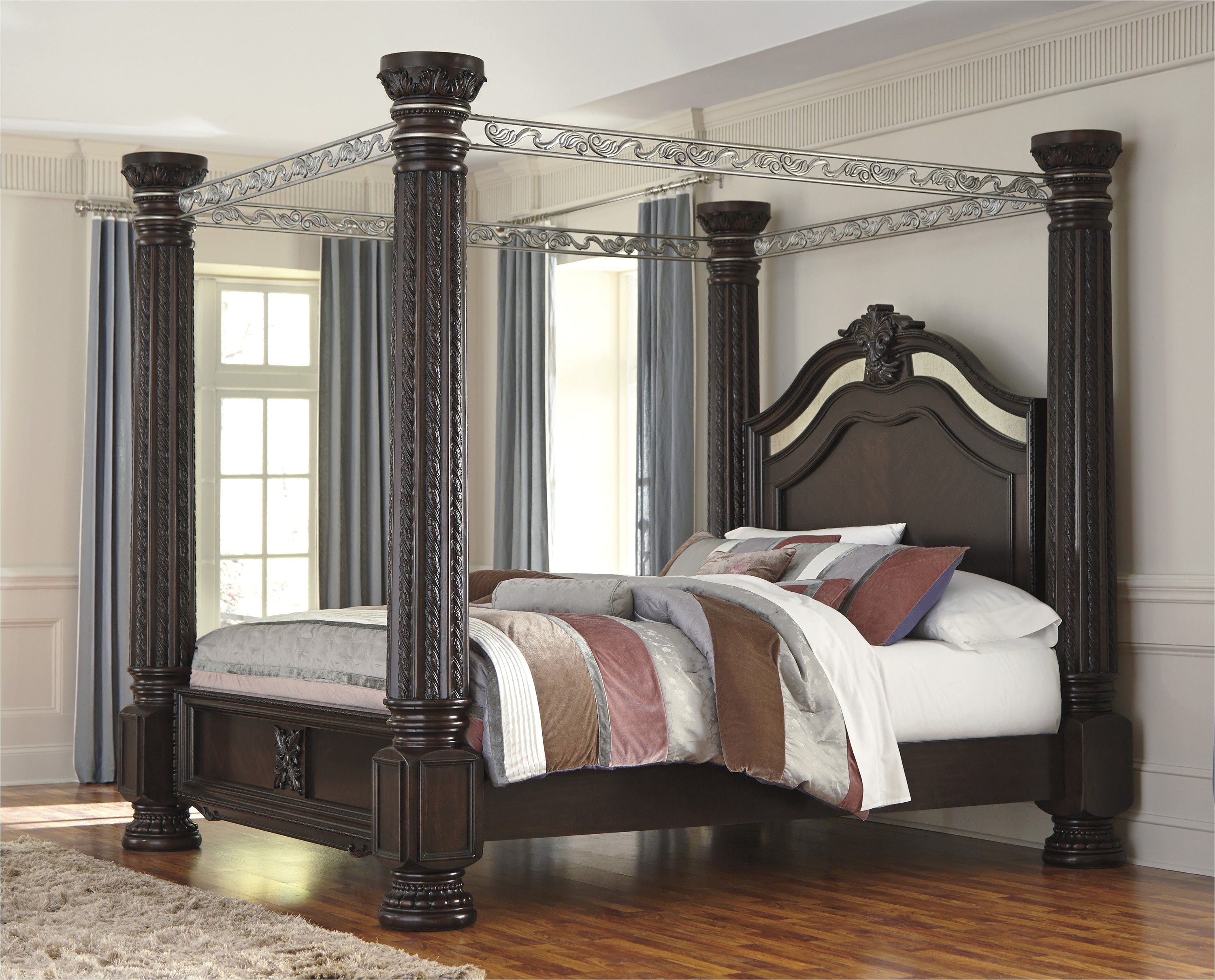Place Gorgeous King Canopy Bed for Enchanting Bedroom with Grey Carpet Rug and Laminate Wooden Flooring