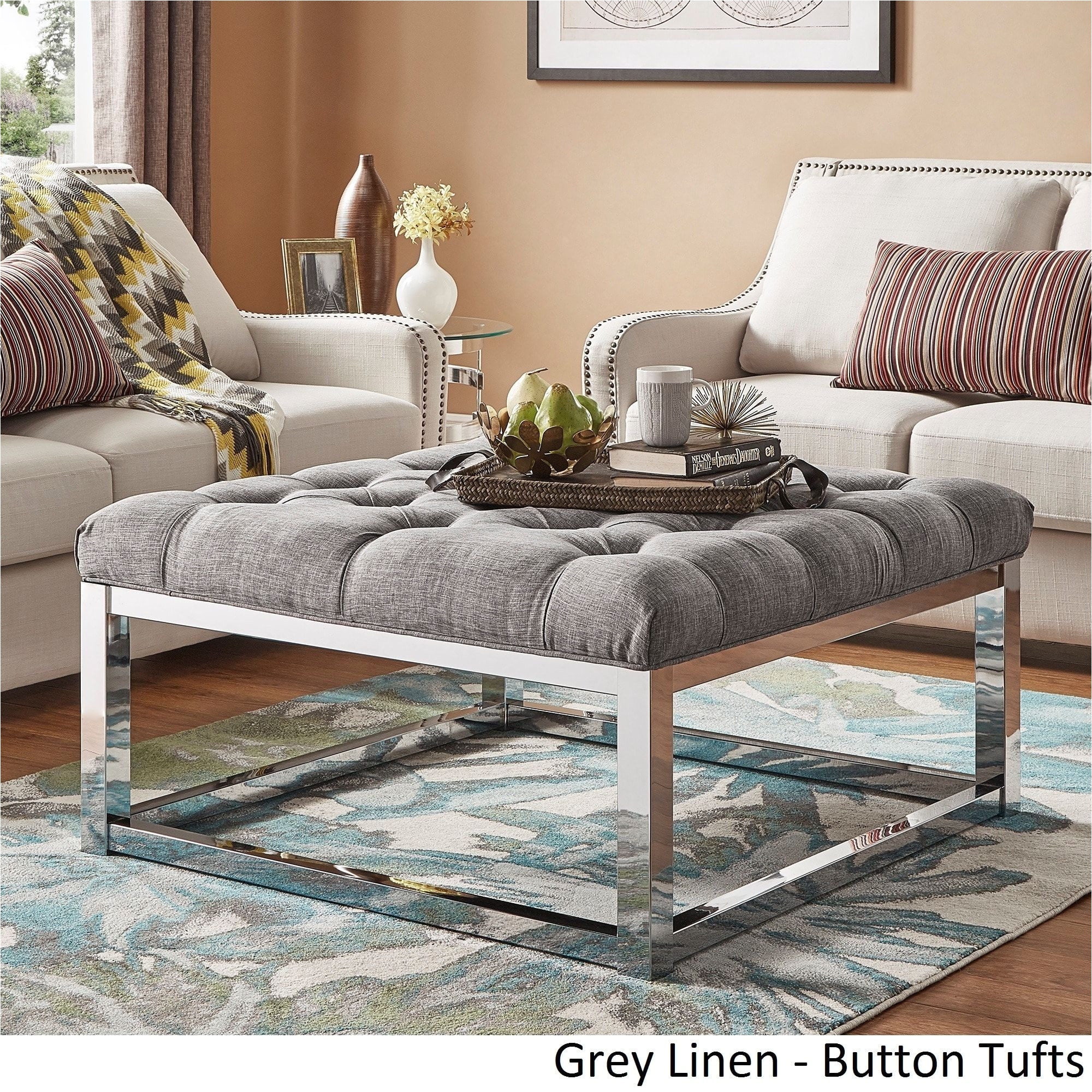 Living Room Coffee Table Elegant solene Square Base Ottoman Coffee Table Chrome Grey by Inspire