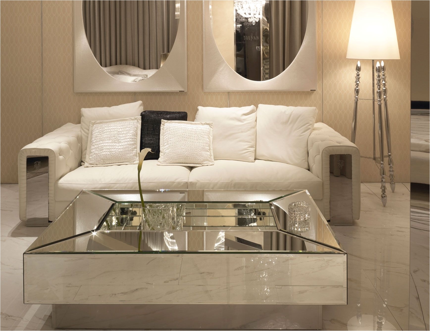 Mesmerizing Mirrored Coffee Table with Glass and Wood bined Furniture Modern Minimalist Living Room Design White Marble Floor Square Glass Top Mirrored