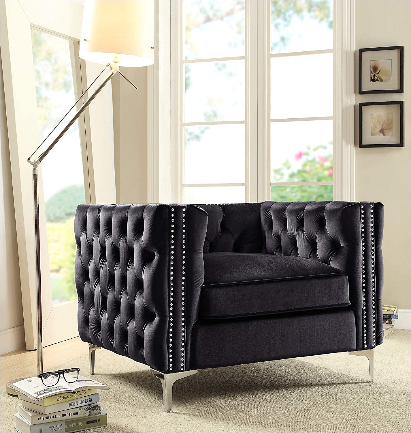 Amazon Iconic Home Da Vinci Accent Club Chair Velvet Button Tufted with Silver Nail Head Trim Silvertone Metal Y Leg Modern Contemporary