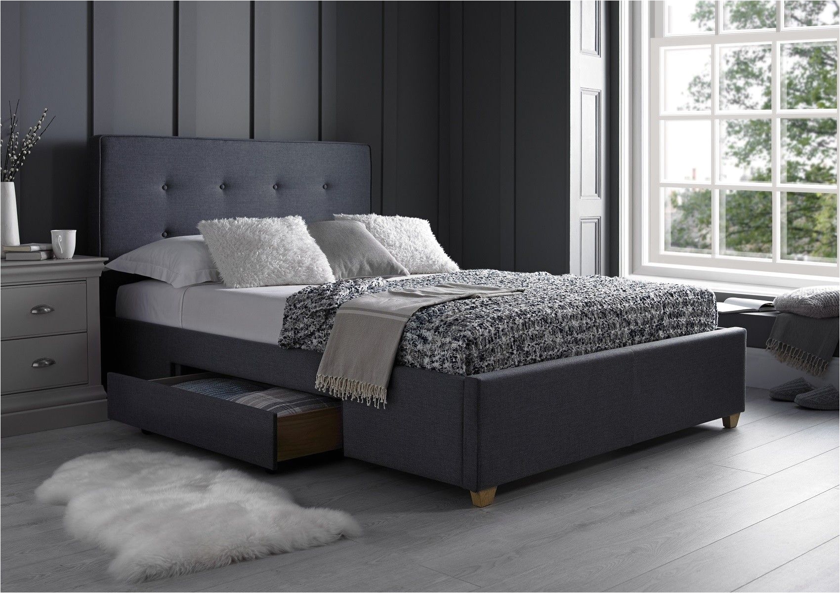 The Milano two drawer bed is new addition to our range which is exclusively made for Time 4 Sleep Upholstered in an a grey graphite textured weave fabric