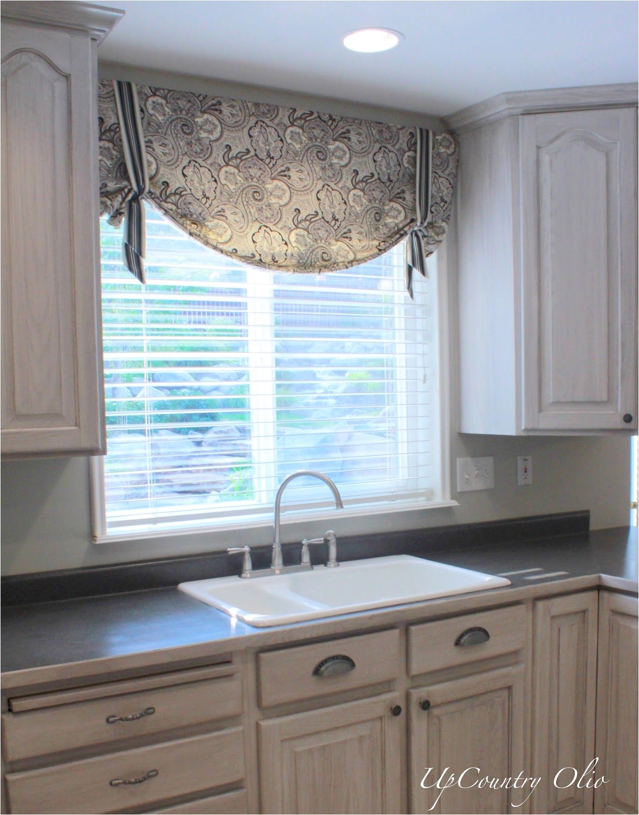 Kitchen Window Treatments Original Wooden Kitchen Cabinet In Front The Window bined With Brown Floral Window Curtain1