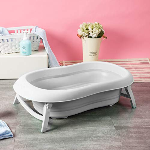 baby brielle 3 in 1 portable collapsible temperature sensor infant to toddler space saver foldable bathtub anti slip skid proof with newborn cushion mat insert with water rinser cup for bathing