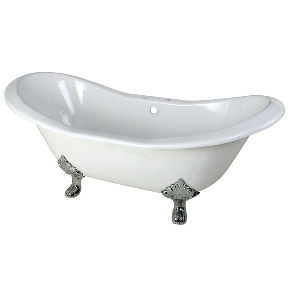 p 6 feet cast iron polished chrome claw foot double slipper tub with 7 inch deck holes in white