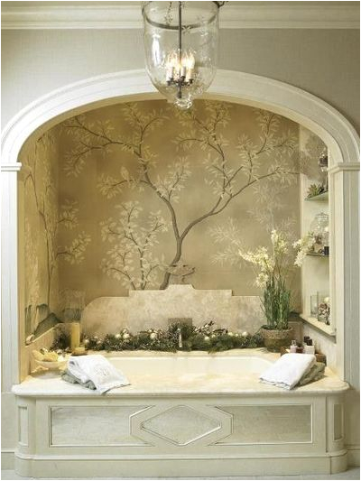 bath alcove w arch and wallpapermural shelves marble surround and splash