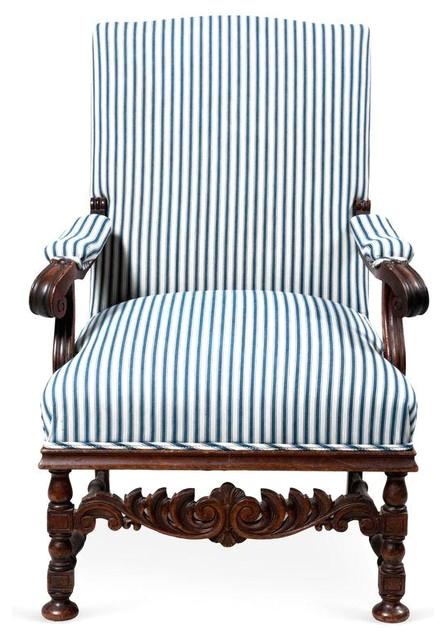 pre owned blue and white stripes carved antique armchair traditional armchairs and accent chairs