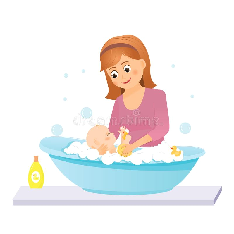 Baby Bath Tub Vector Mom Washes the Baby In the Bath Stock Vector