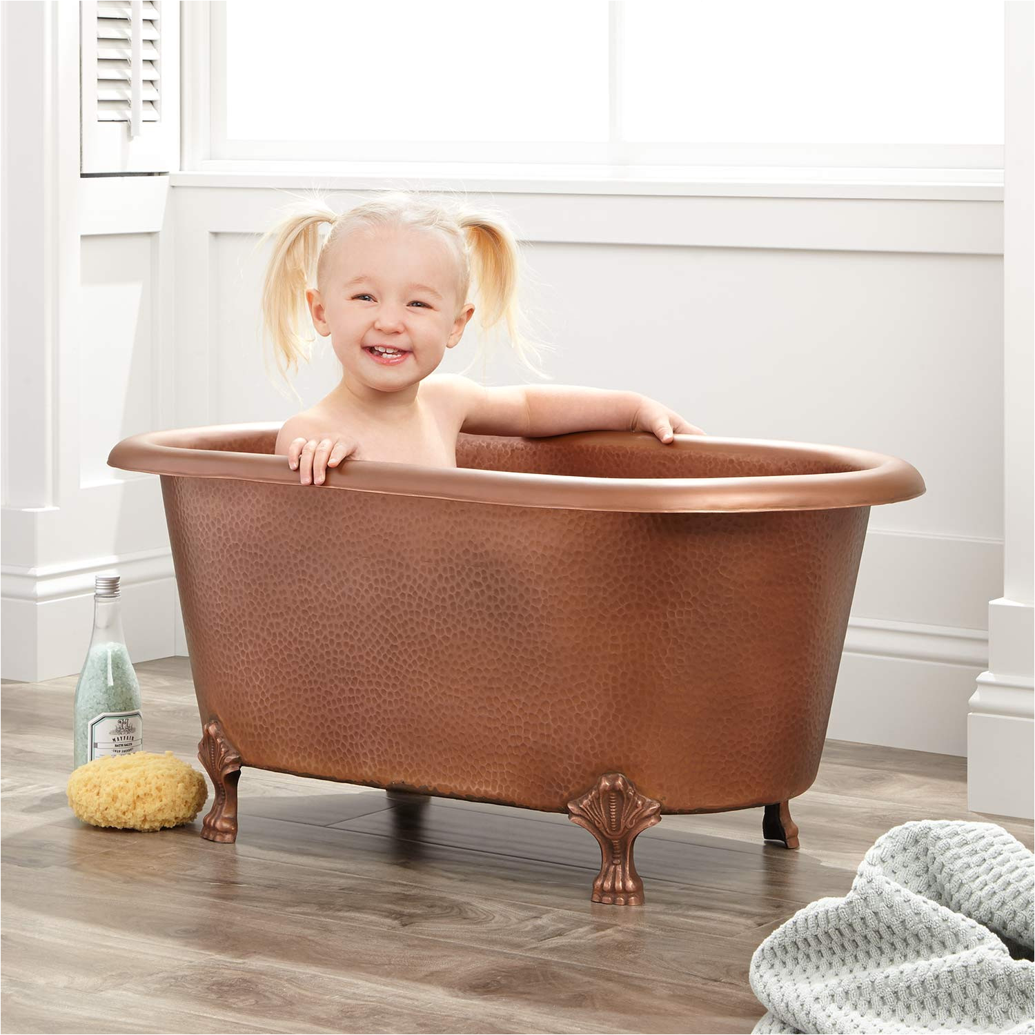 baby caleb dual copper tub with claw feet no overflow continuous roll top hammered ext int parent