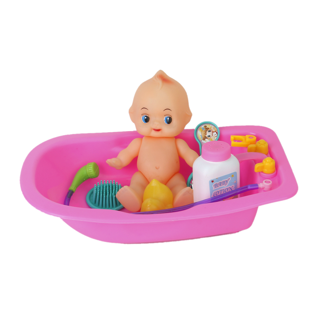 plastic baby doll in bath tub with shower accessories set