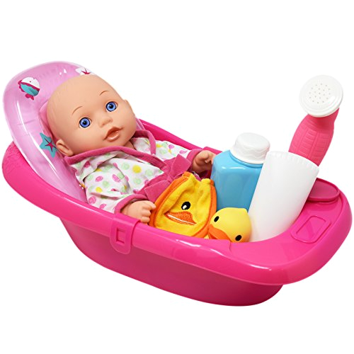 super cute baby doll bathtub set featuring 12 all vinyl doll bath tub with detachable shower spray washcloth toy soap bottle and shower gel and rubber duck the best doll bath toy set for kids