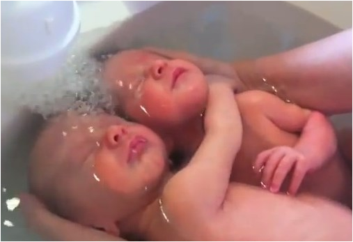 video newborn twins have a cuddle in the bath