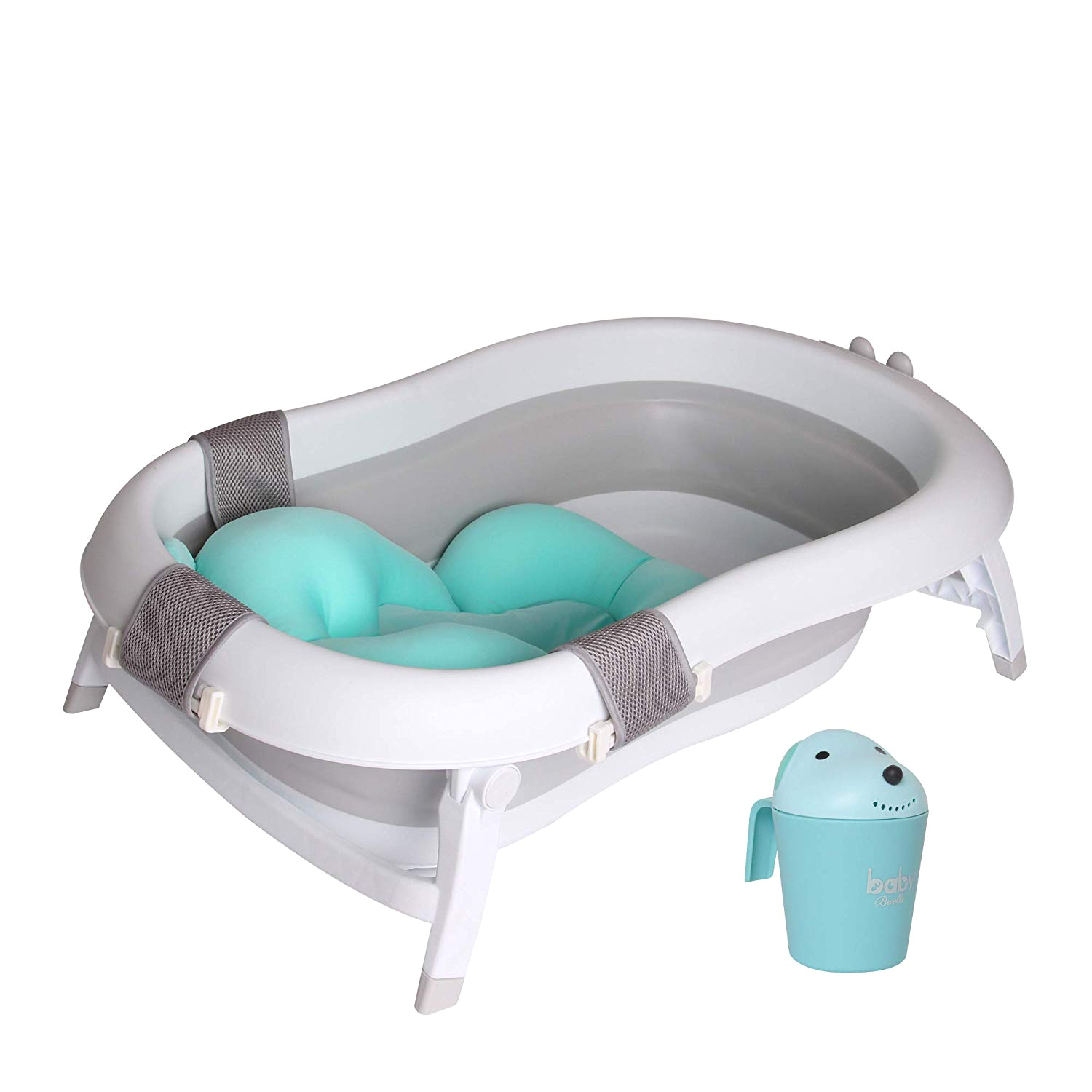 baby brielle 3 in 1 portable collapsible temperature sensor infant to toddler space saver foldable bathtub anti slip skid proof with newborn cushion mat insert with water rinser cup for bathing c