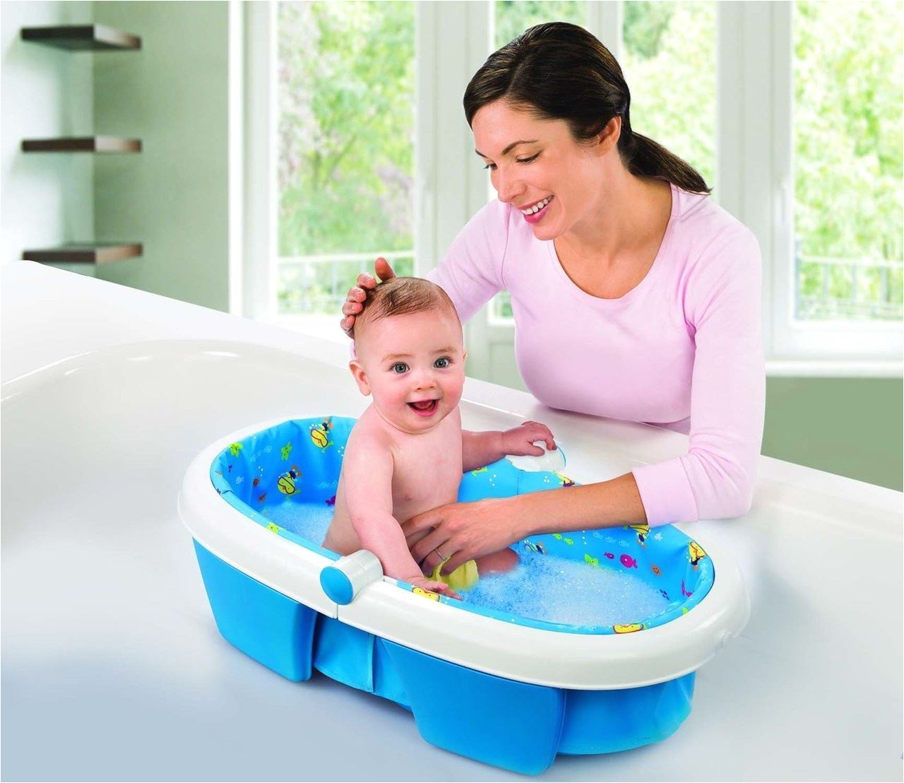 baby bath with inflatable base for infant newborn to toddler fold away