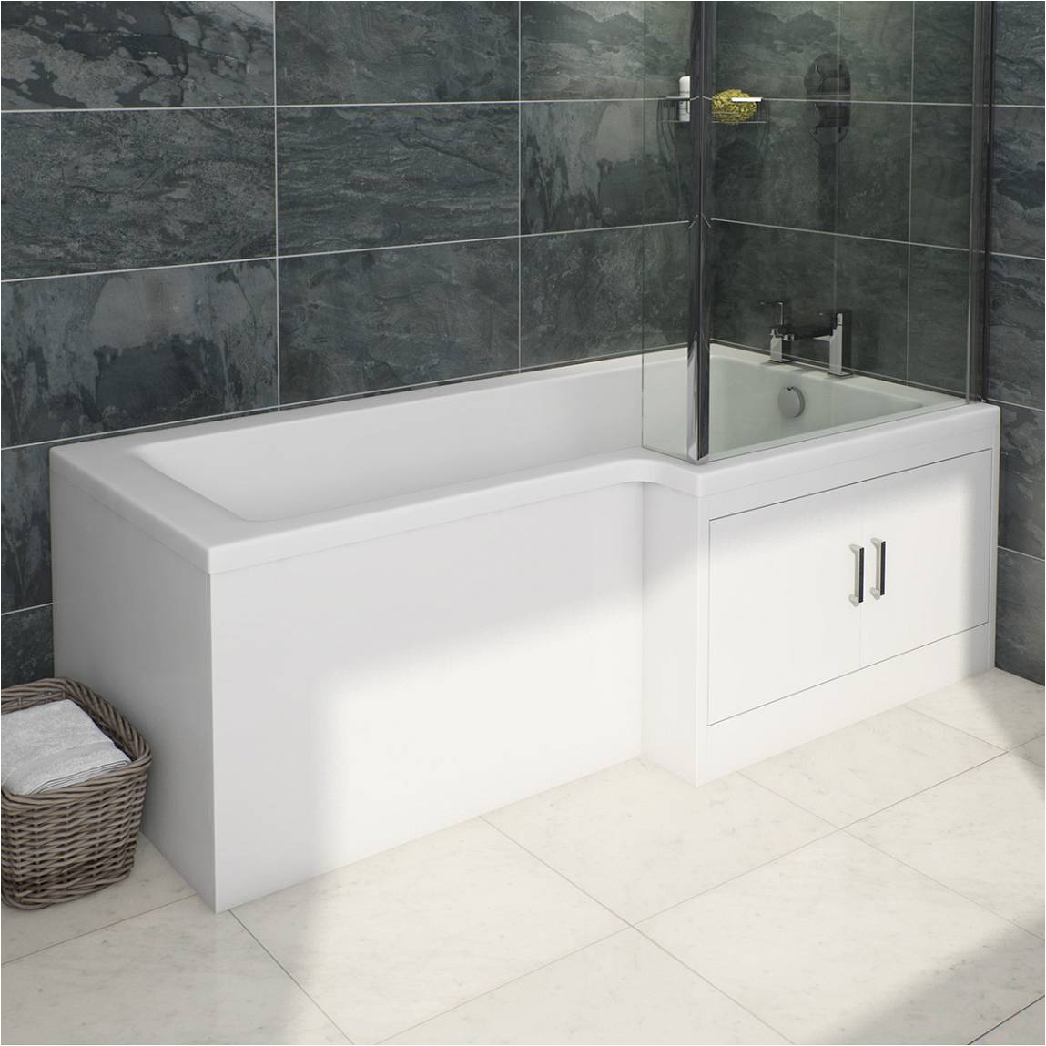 myspace water saving l shape shower bath right hand with storage panel and 6mm screen myspacebath002r