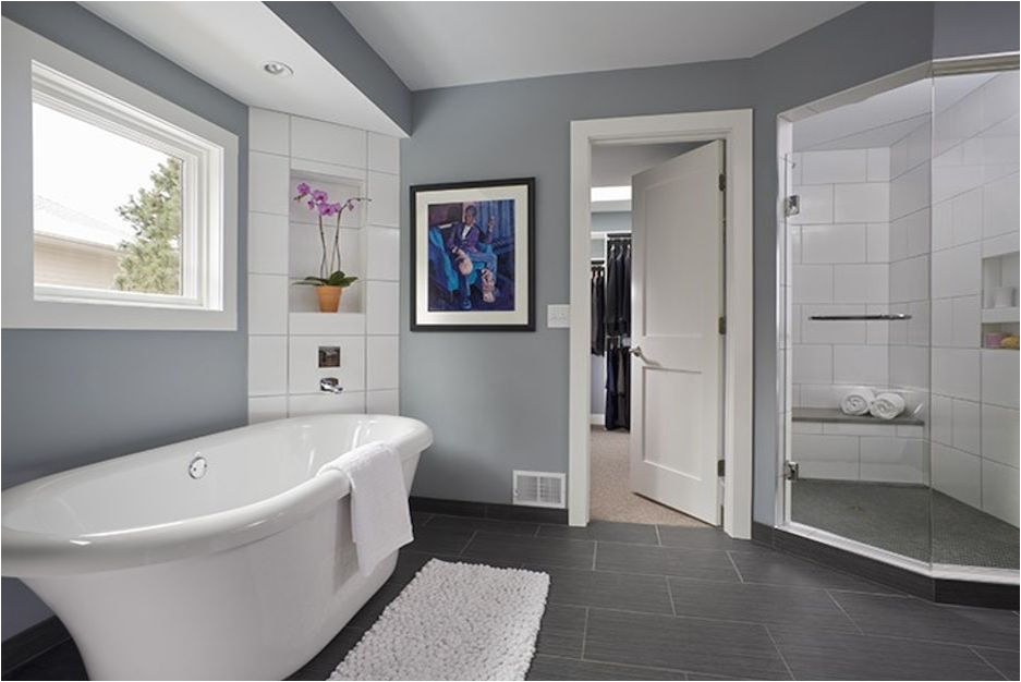 before and after a modern bohemian master bath remodel