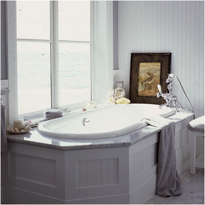 Bathtub Surround Deck Beadboard White Carrara Marble Drop In Tub Bathroom