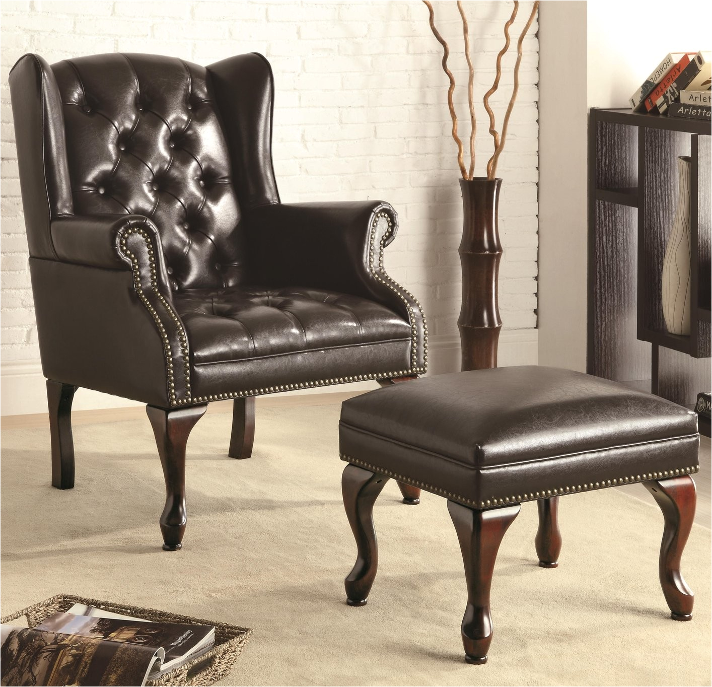 black leather accent chair with ottoman