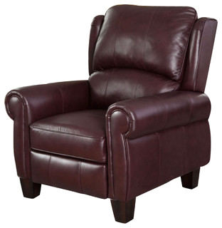 burgundy top grain leather upholstered wing back club chair recliner transitional armchairs and accent chairs