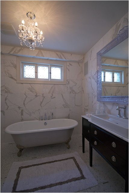 Clawfoot Bathtub Ensuite Chandelier Over Bathtub Transitional Bathroom