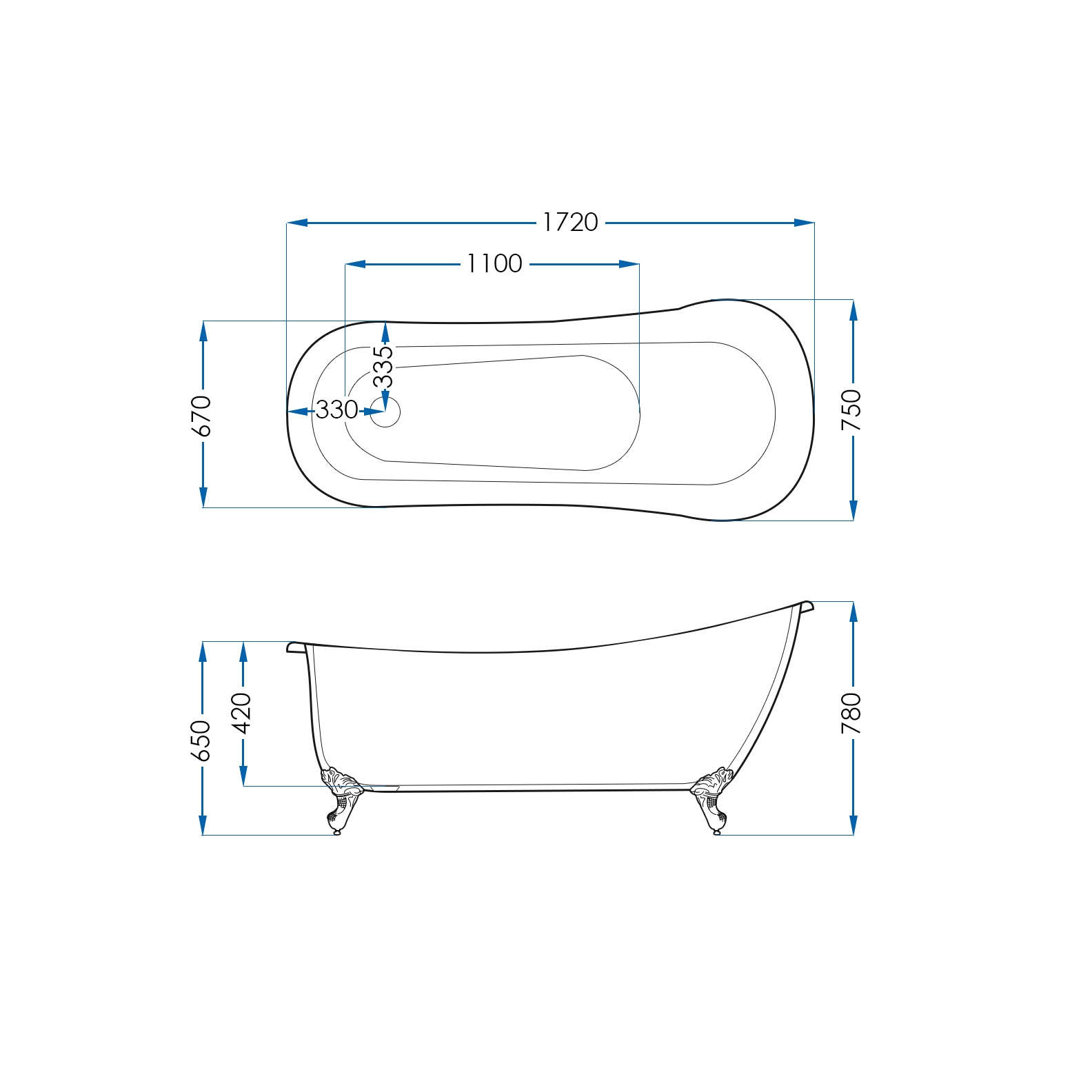 lawson black clawfoot bath with chrome feet 1720mm