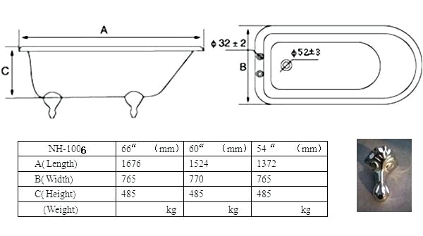 clawfoot tub sizes