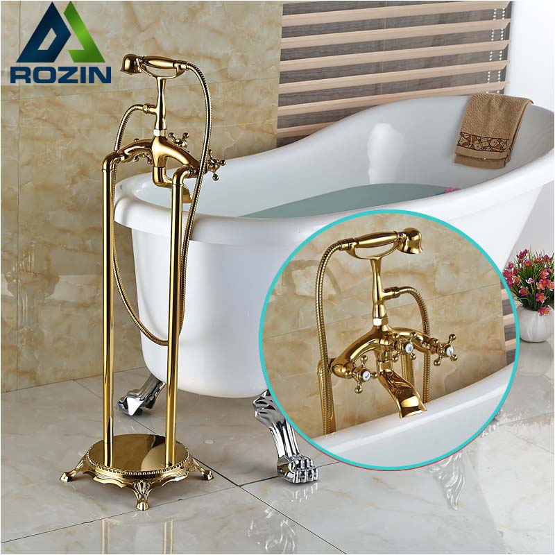 Modern Freestanding Dual Cross Handles Bathtub Faucet Tub Filler Golden Finish Floor Mount