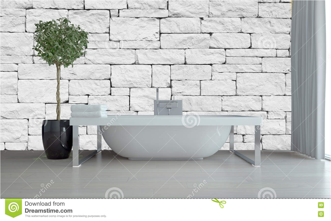 stock photo modern bathroom interior freestanding tub chrome frame against white irregular brick stone wall topiary tree image