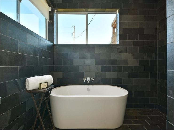 Freestanding Bathtub Grey Walk In Shower with Dark Gray Slate Tiles with