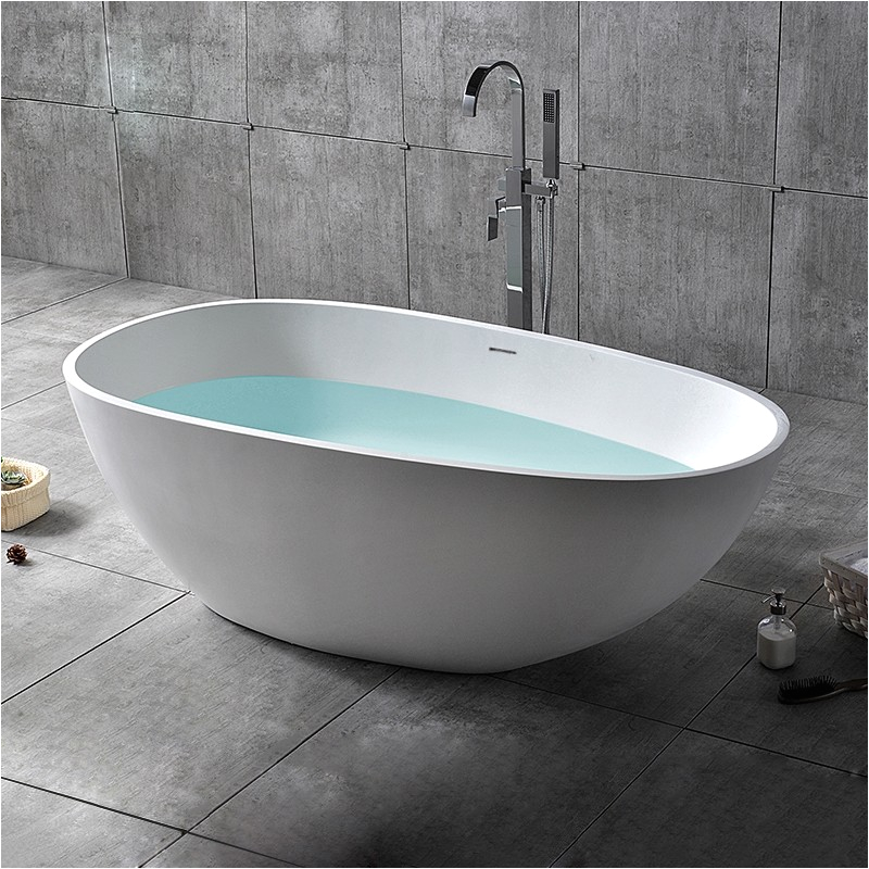 oval freestanding soaking bathtub stone resin with center drain overflow in matte glossy white