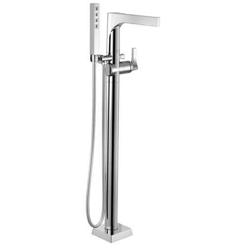 delta zura collection chrome modern floor mount freestanding tub filler faucet with hand shower trim kit only requires rough in valve dt4774fl