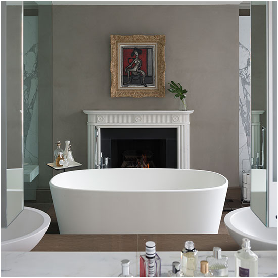 Grey Freestanding Bathtub Grey Bathroom with Freestanding Tub and Fireplace