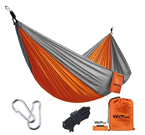 wolfyok portable camping hammock 3rd generation tm multifunctional lightweight nylon parachute outdoor hammock for backpacking camping travel beach backyard singleorange gray