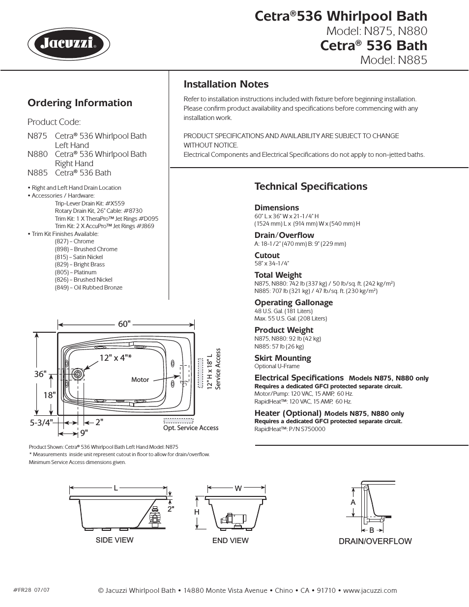 Jacuzzi Bathtub User Manual Cetra 536 Whirlpool Bath Cetra 536 Bath Model N885