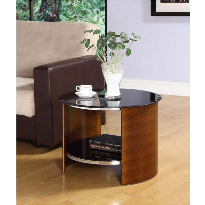 curve round lamp table in walnut and black glass
