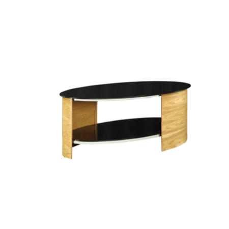curve coffee table in oak and black glass