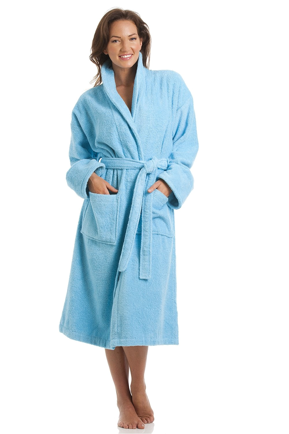 womens luxury blue 100 cotton towelling bath robe p3267